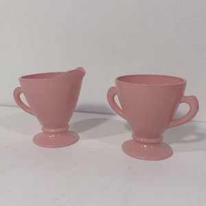 HAZEL-ATLAS Ovide Platonite Pink Cream & Sugar Set Vintage Pink Milk Glass